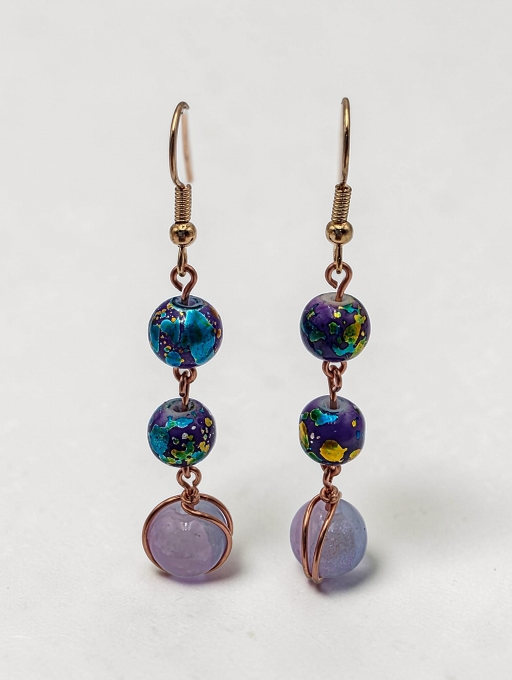 Purple Multicolor Bead Drop Earrings with Gold-Tone Hooks
